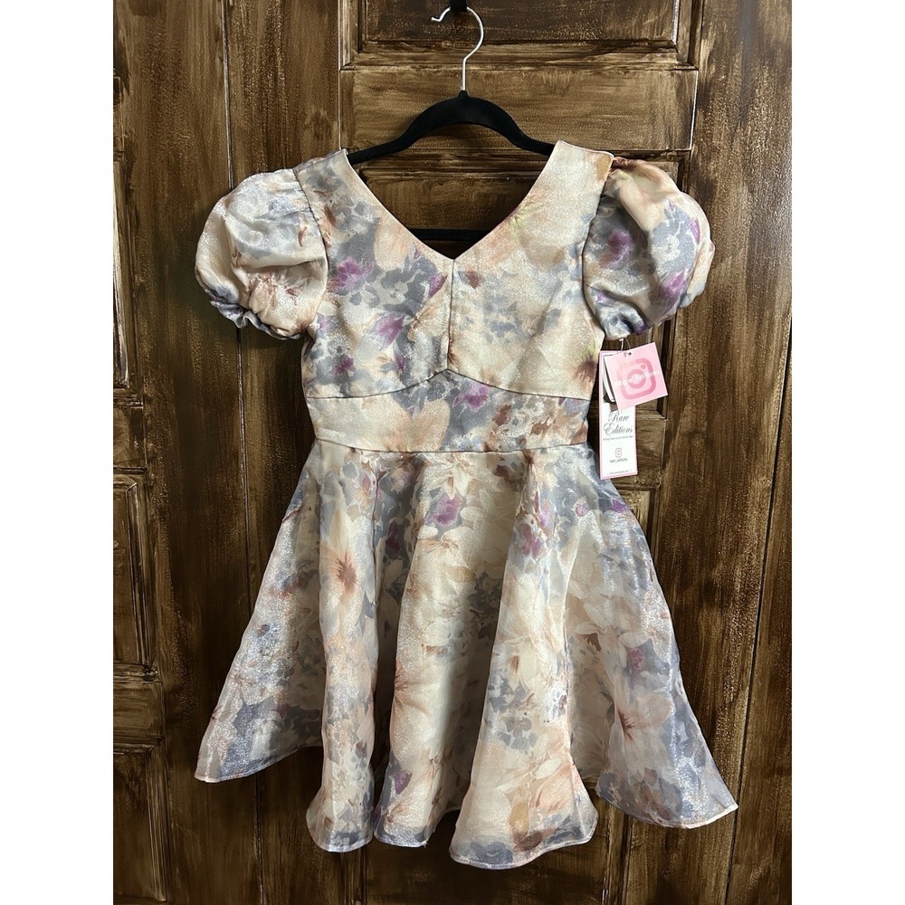 NWT Rare Editions Girls 10 Floral Organza Dress Puff Sleeve Special Occasion